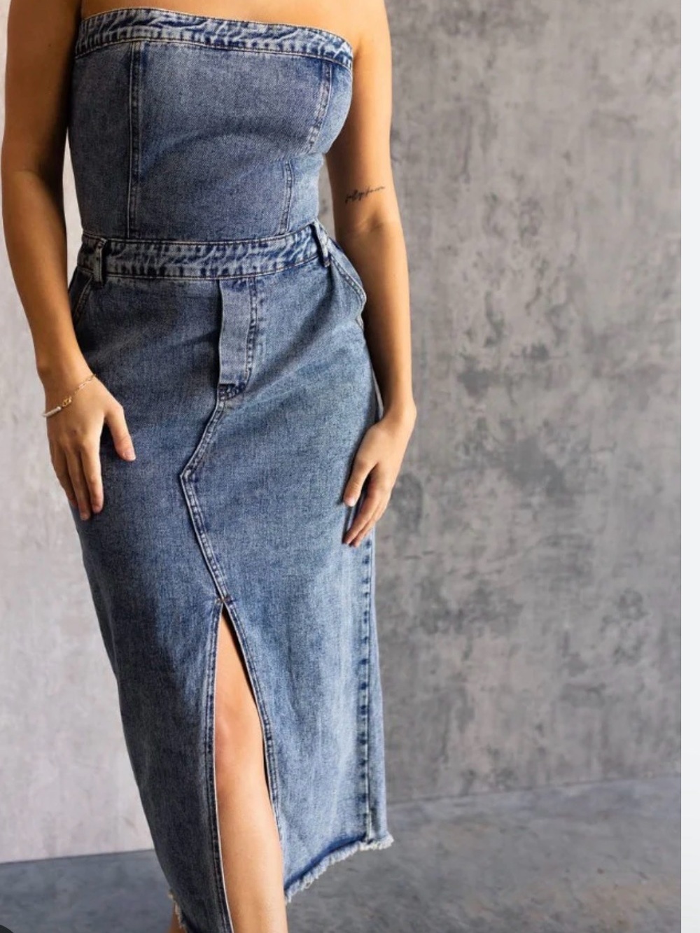 Justify Light Blue Denim Strapless Midi Dress